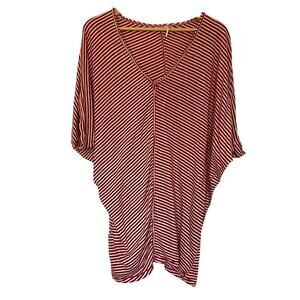 Max Studio Striped Linen V-Neck Blouse L Red White Womens Short Sleeve Top